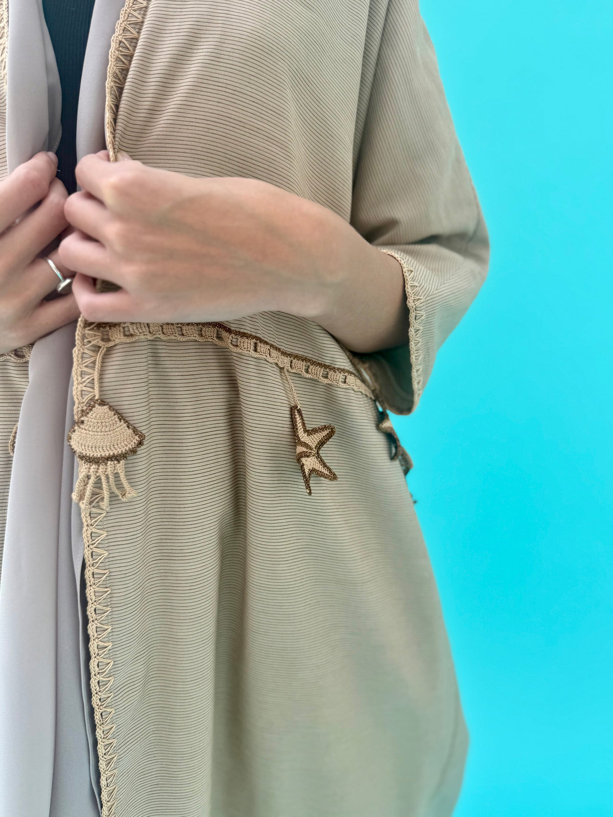Seaworld Drop- Beige cotton abaya with beige handmade crochet