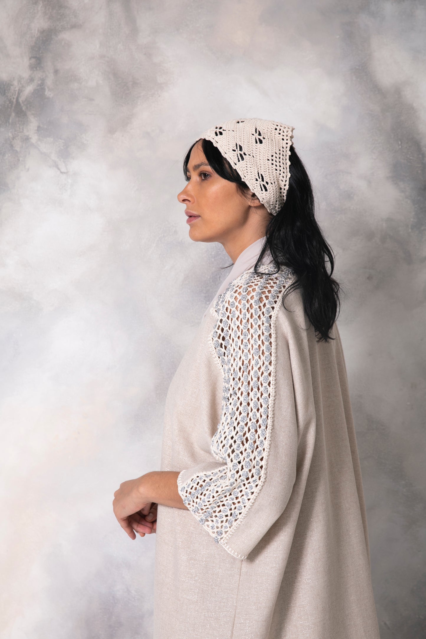 Off white silver shimmering wool abaya with handmade crochet