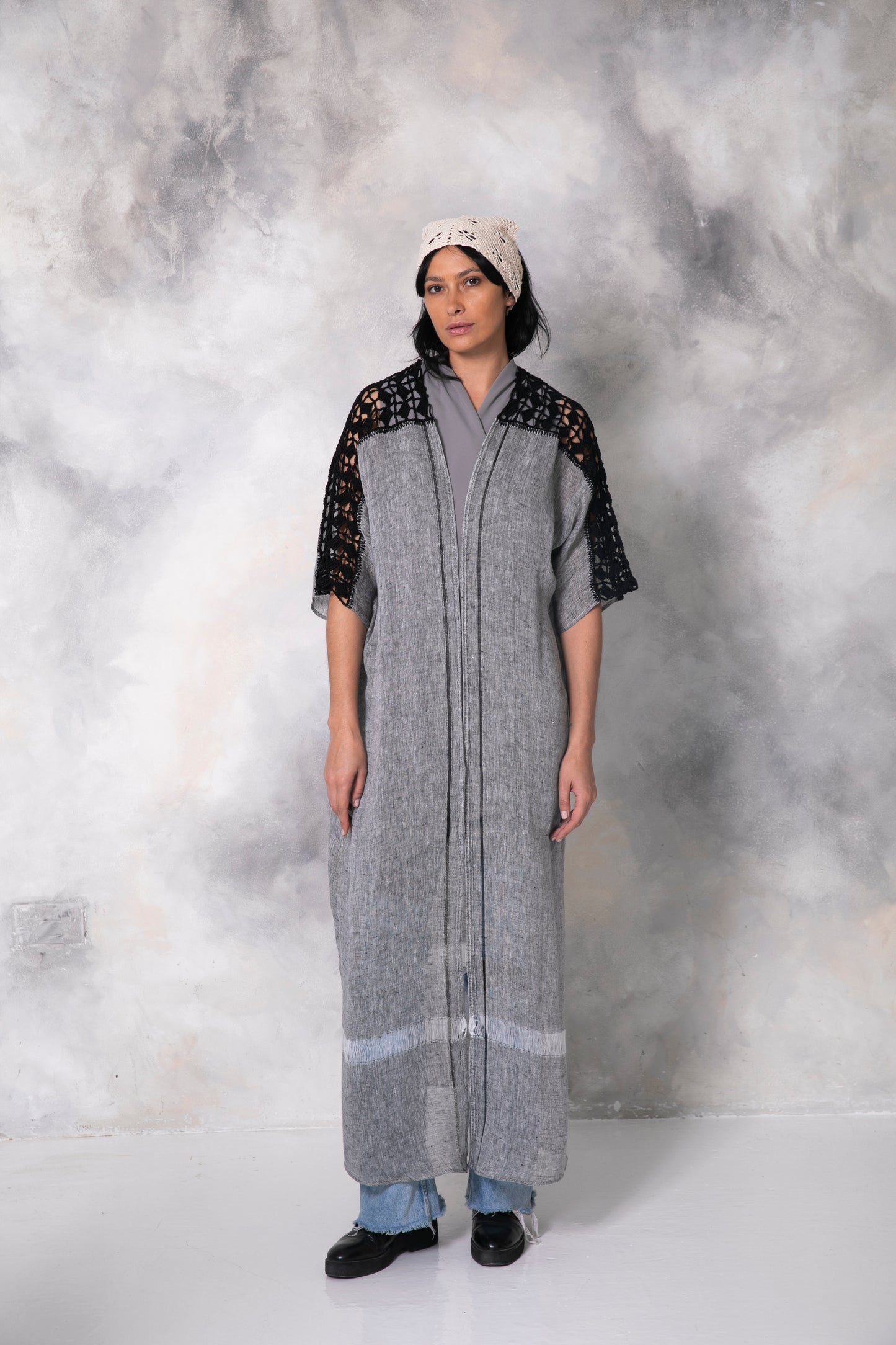 Dark grey linen abaya with handmade crochet