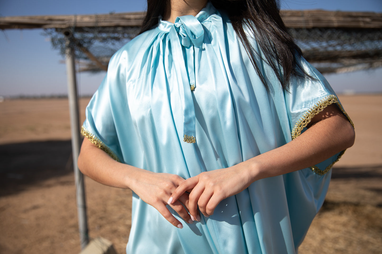 Silk Kaftan with Handmade crochet - Light Blue