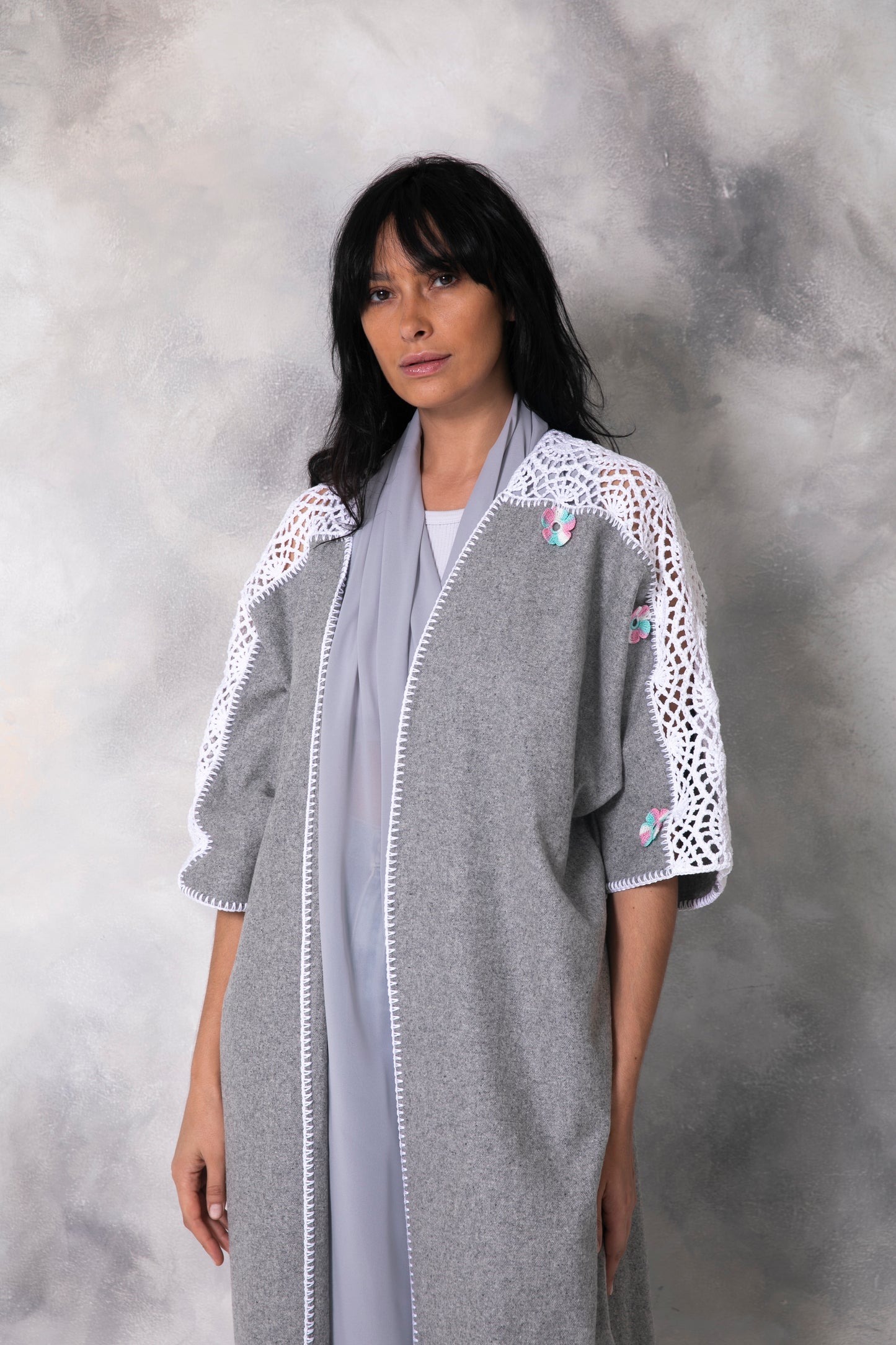 Light grey wool abaya with handmade crochet