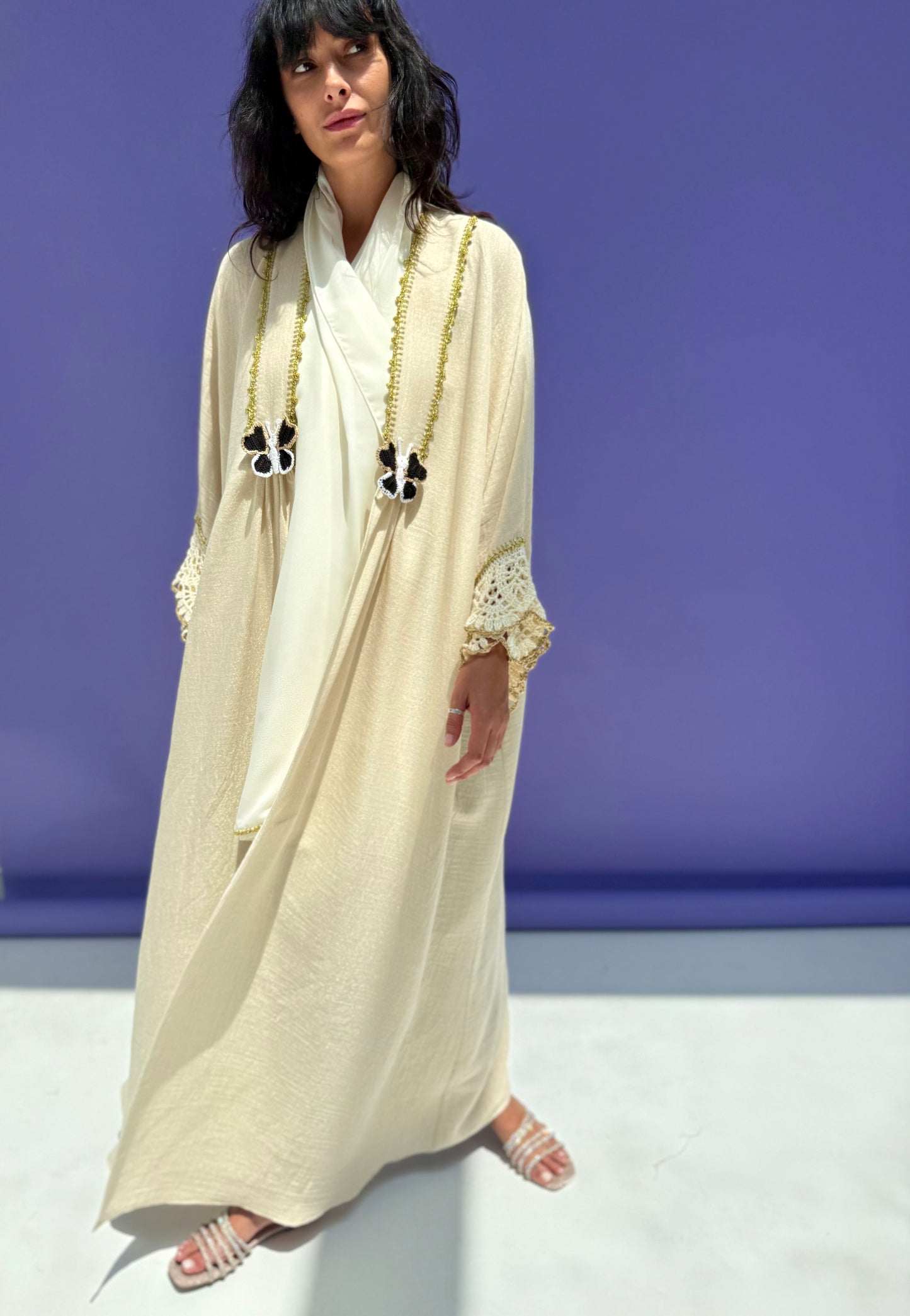 Golden Shimmer Muslin Abaya Butterfly