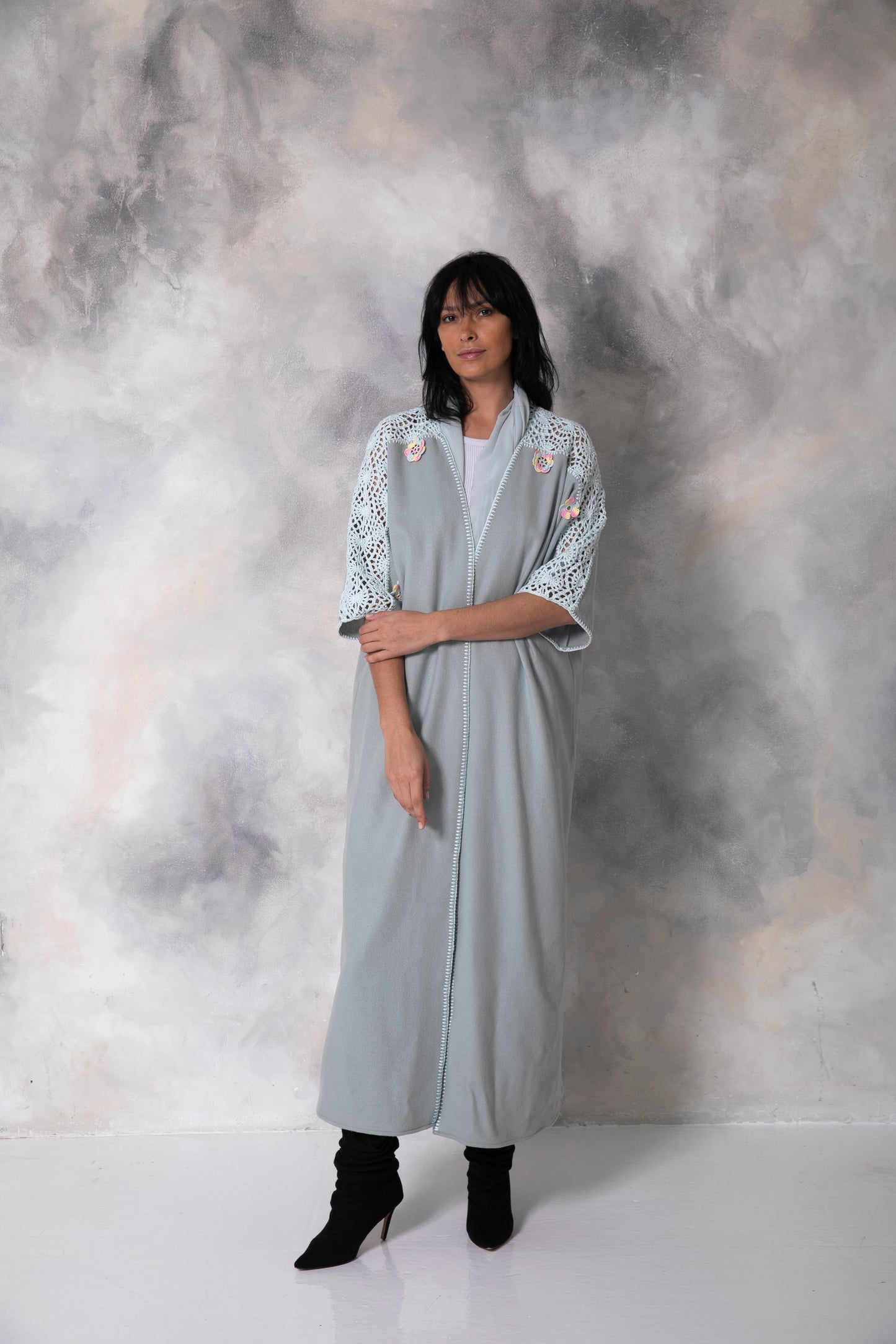 Light blue wool abaya with handmade crochet