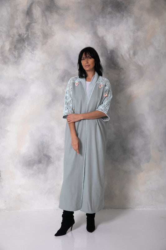 Light blue wool abaya with handmade crochet