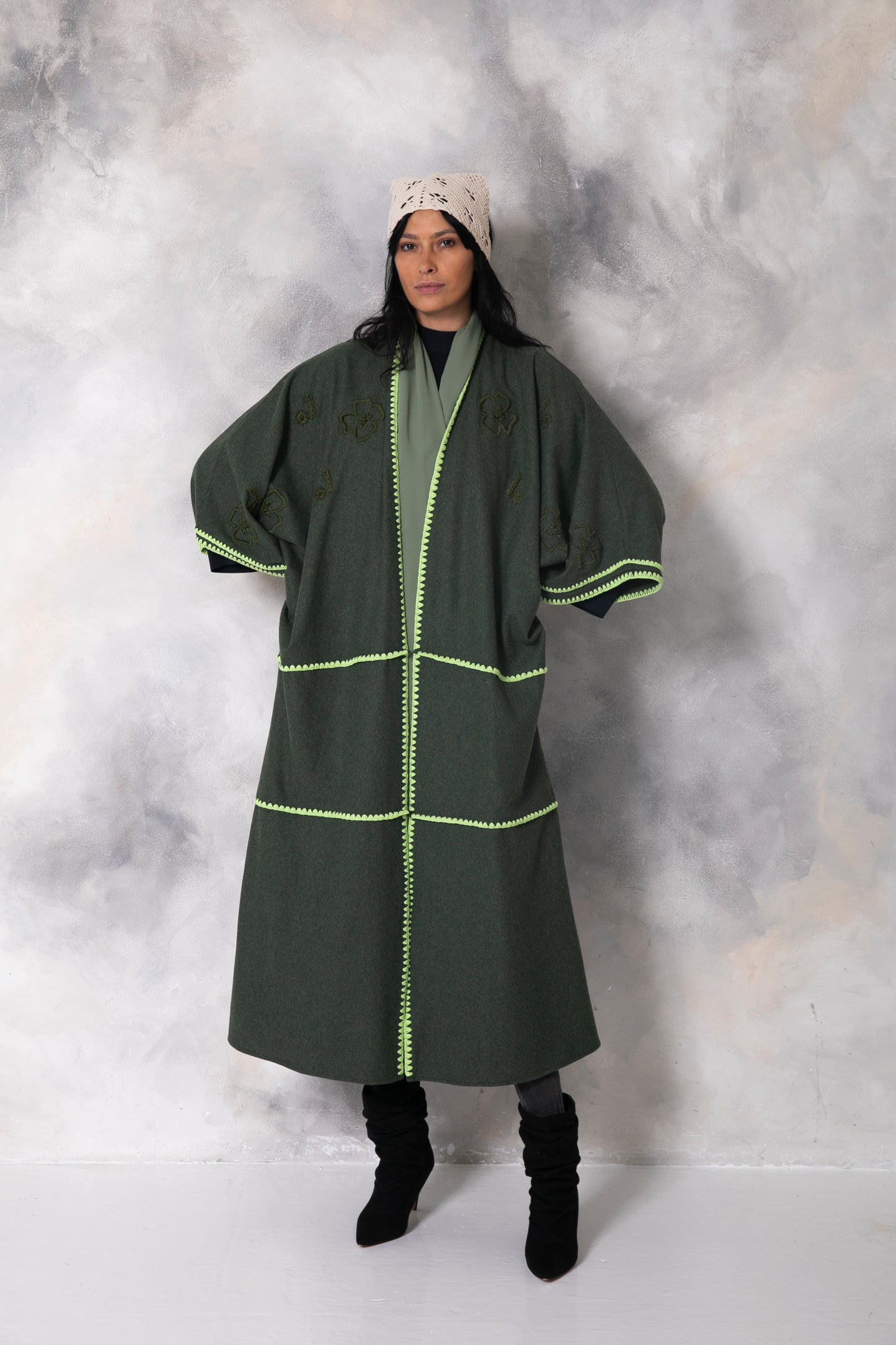 Dark Green Wool abaya with handmade crochet and embroidery
