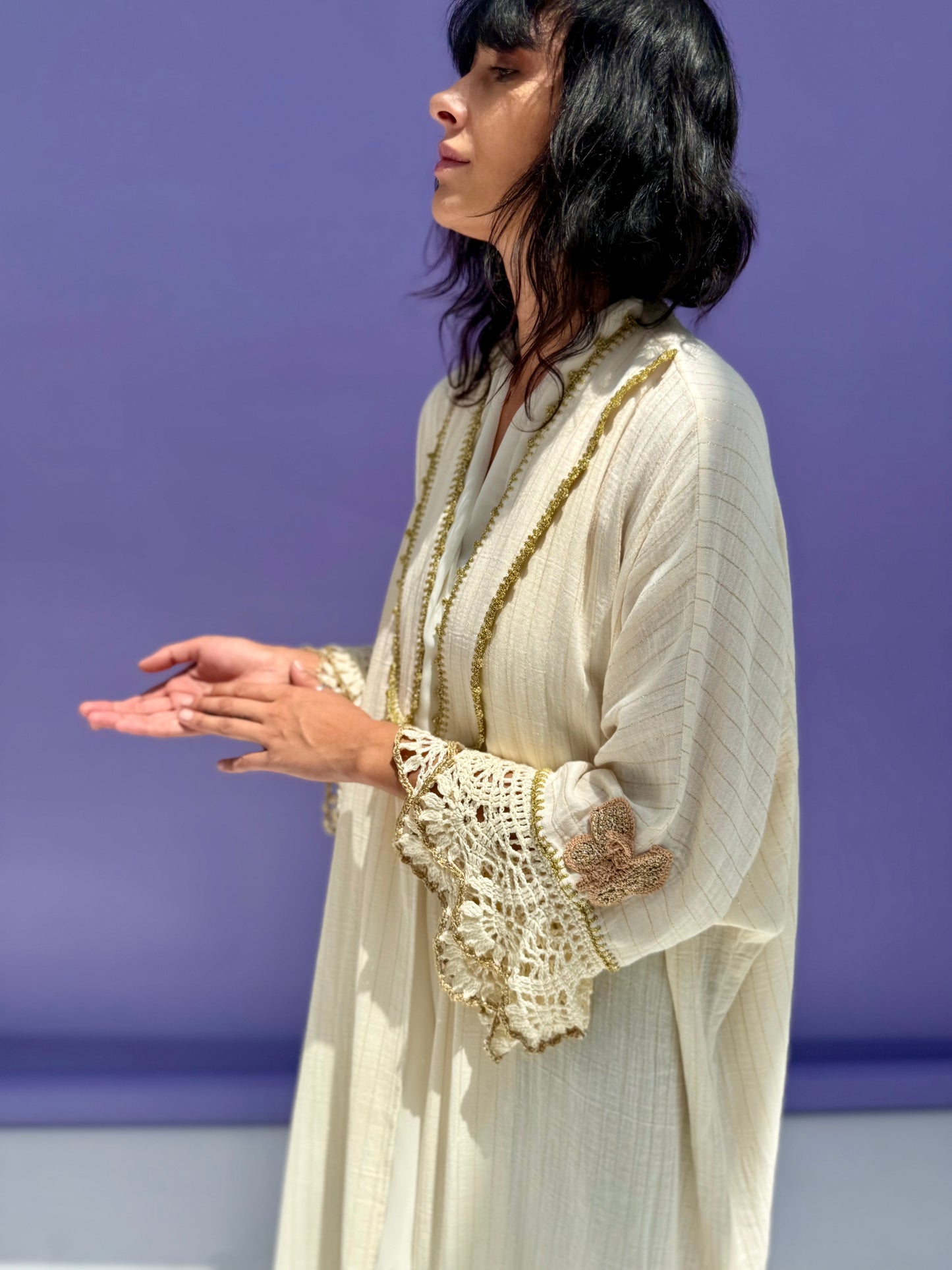 Golden Stripe Muslin Abaya Butterfly