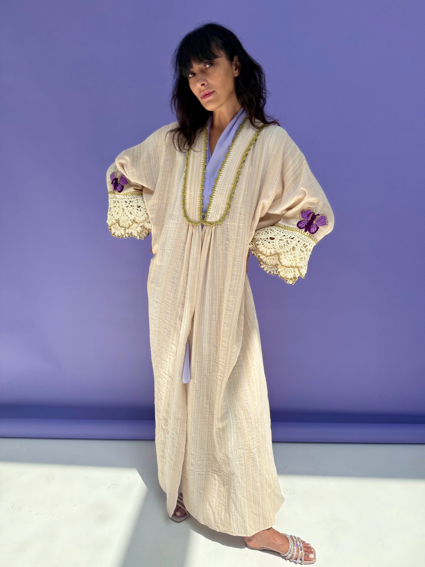 Lavender Stripe Muslin Abaya Butterfly