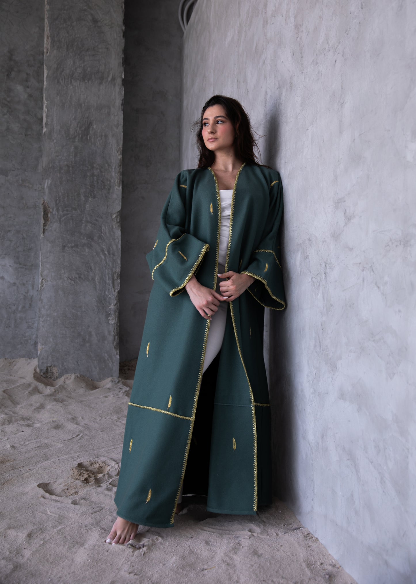 Winter abaya with handmade embrodiery and chrochet- Green