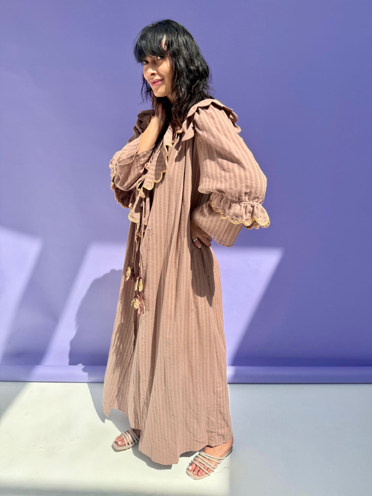 Stripe Muslin Butterfly Abaya Set - Brown