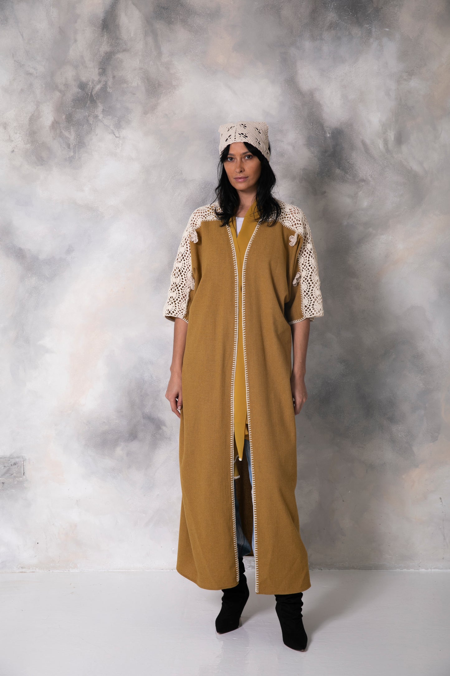 Mustard light wool abaya with handmade crochet