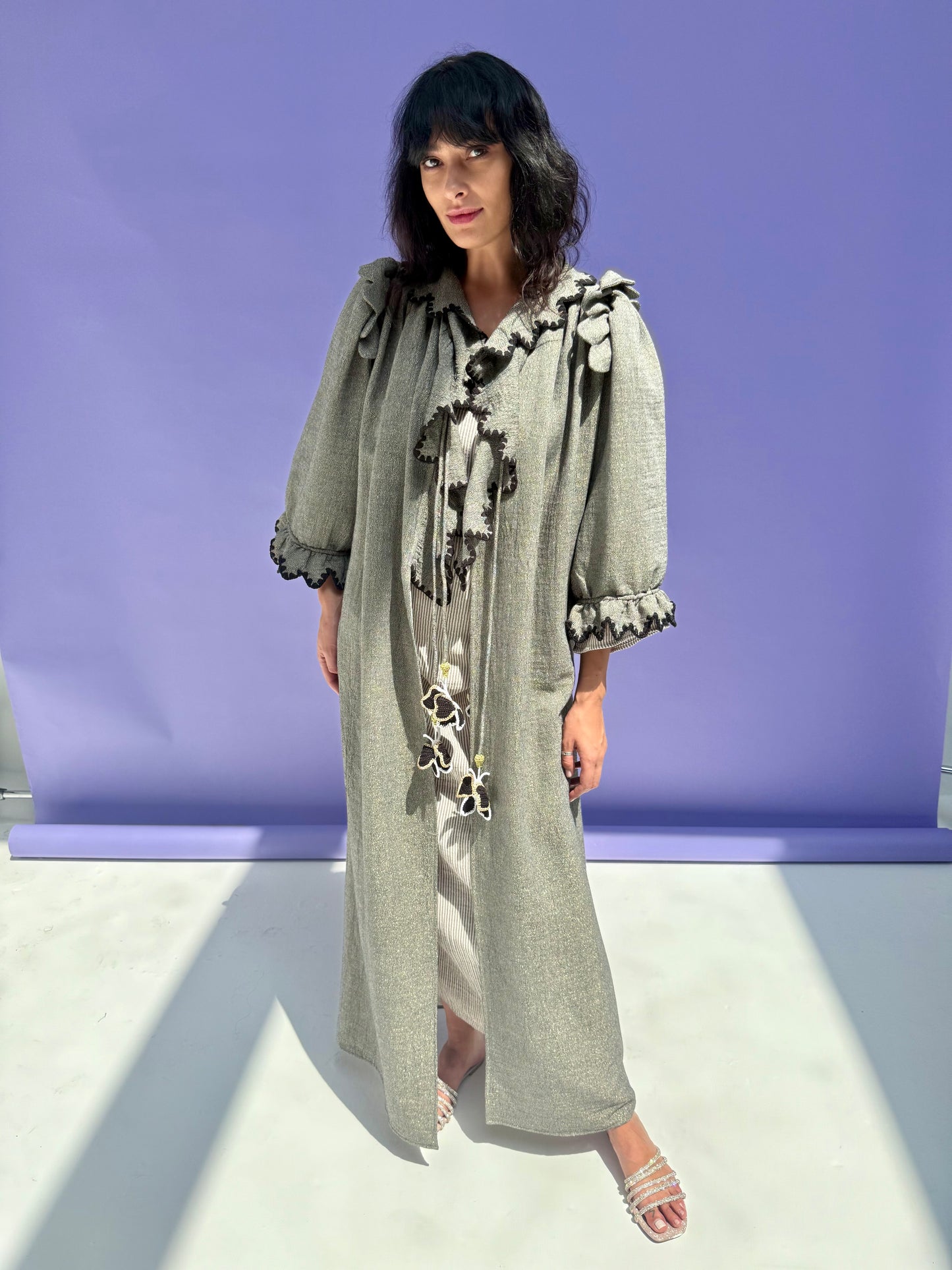 Stripe Muslin Butterfly Abaya Set - Shimmer Grey