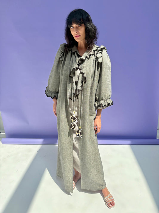 Stripe Muslin Butterfly Abaya Set - Shimmer Grey