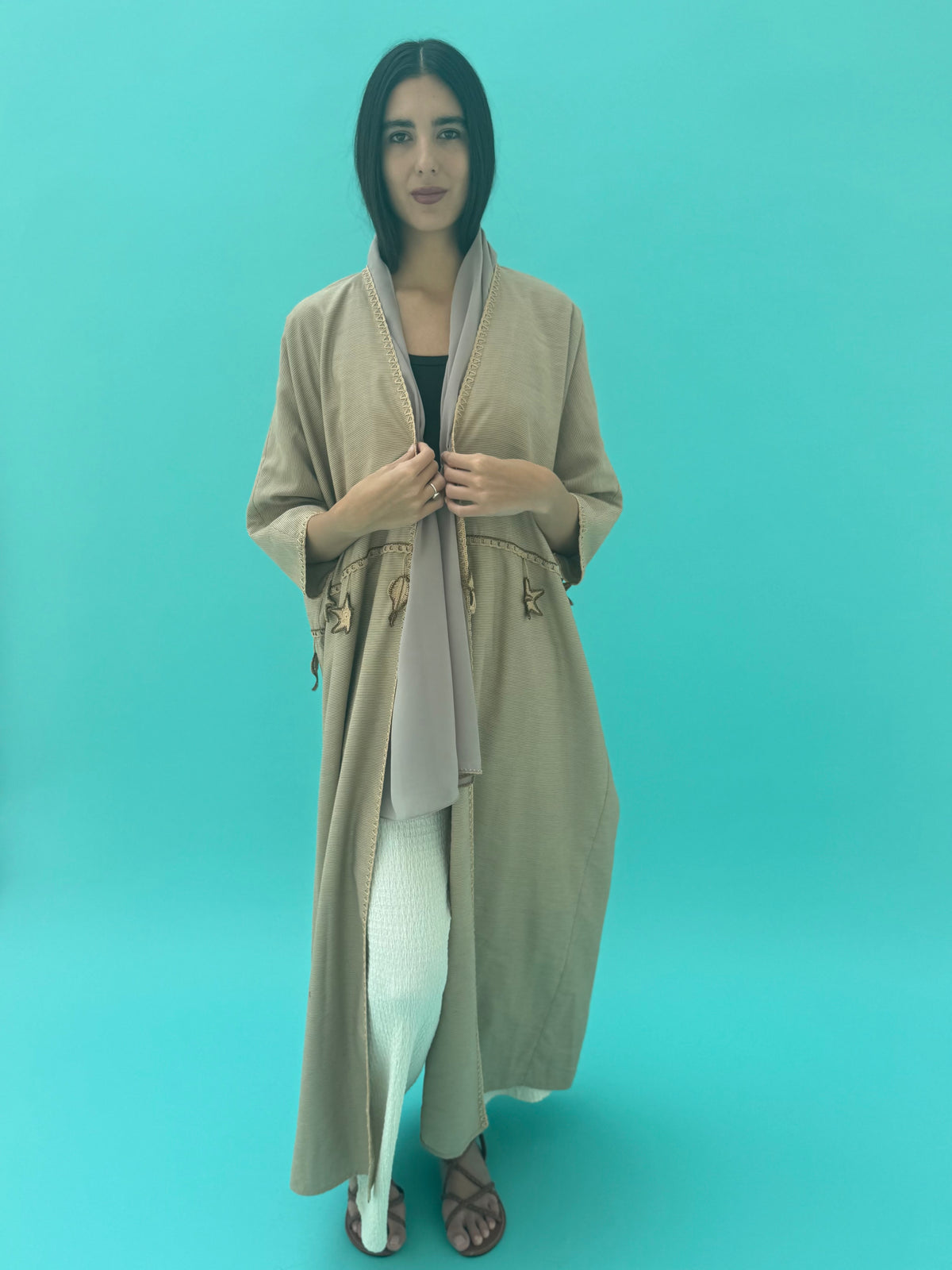 Seaworld Drop- Beige cotton abaya with beige handmade crochet
