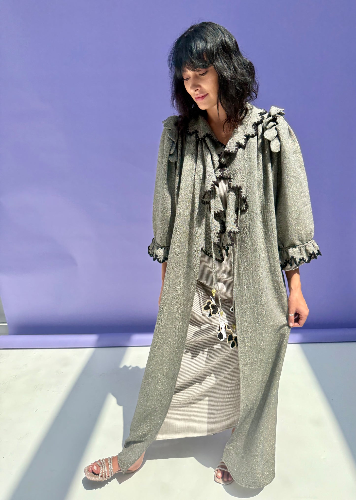 Stripe Muslin Butterfly Abaya Set - Shimmer Grey