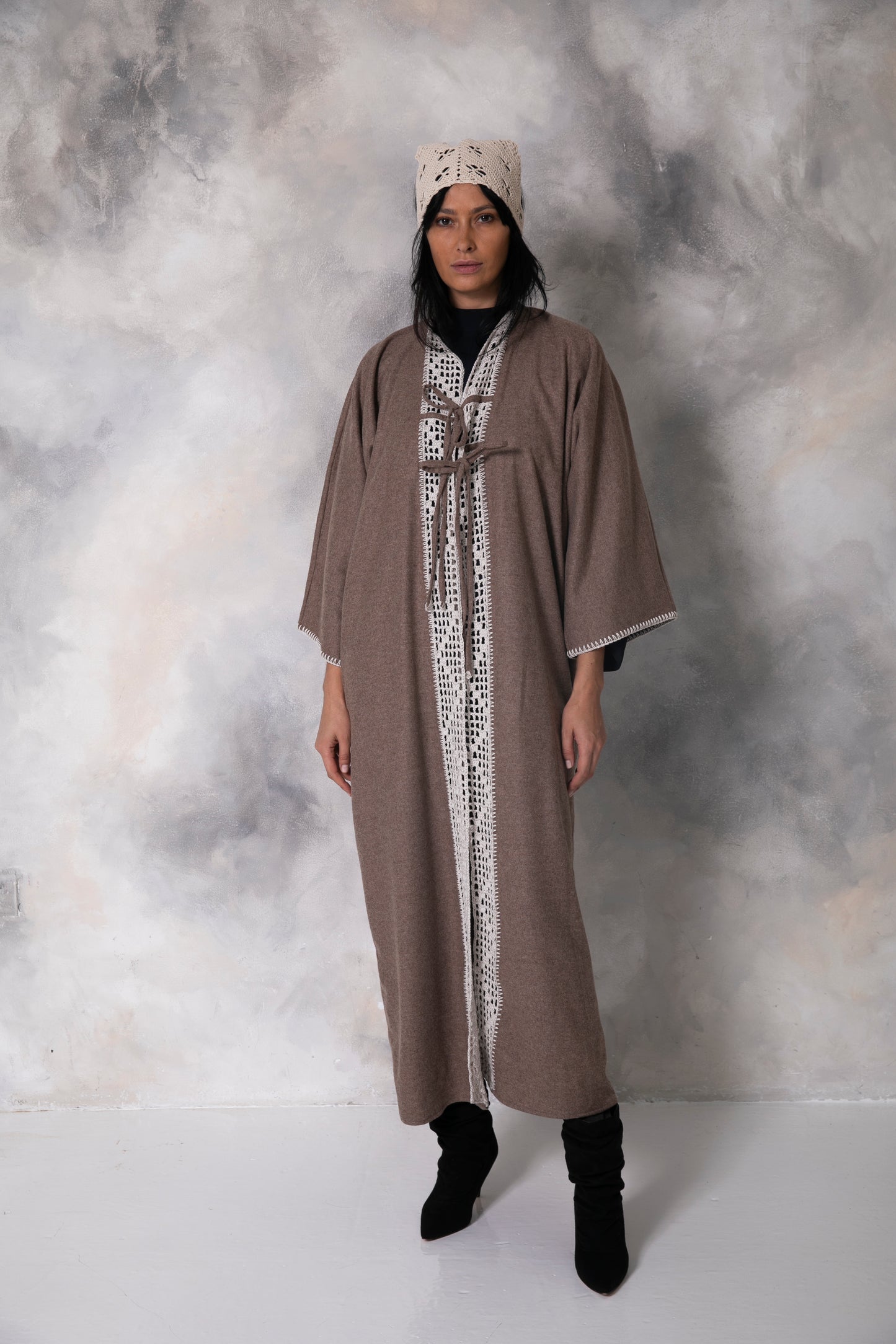 Brown wool abaya with handmade crochet front