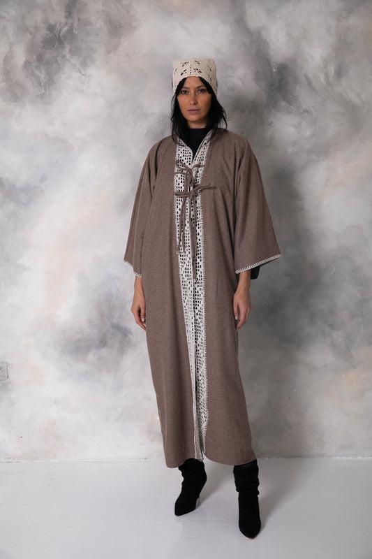 Brown wool abaya with handmade crochet front
