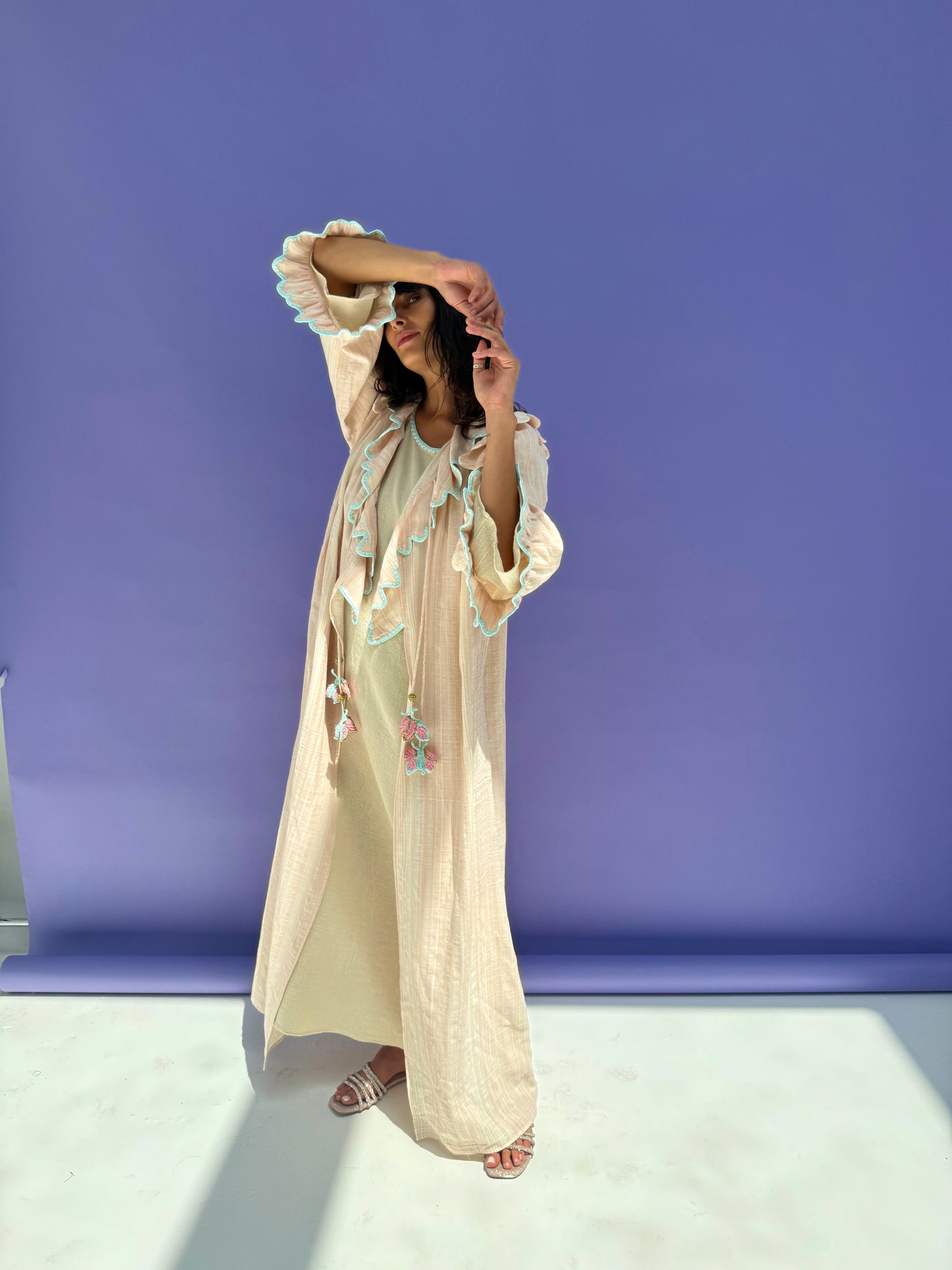 Stripe Muslin Butterfly Abaya Set - Pink Stripe