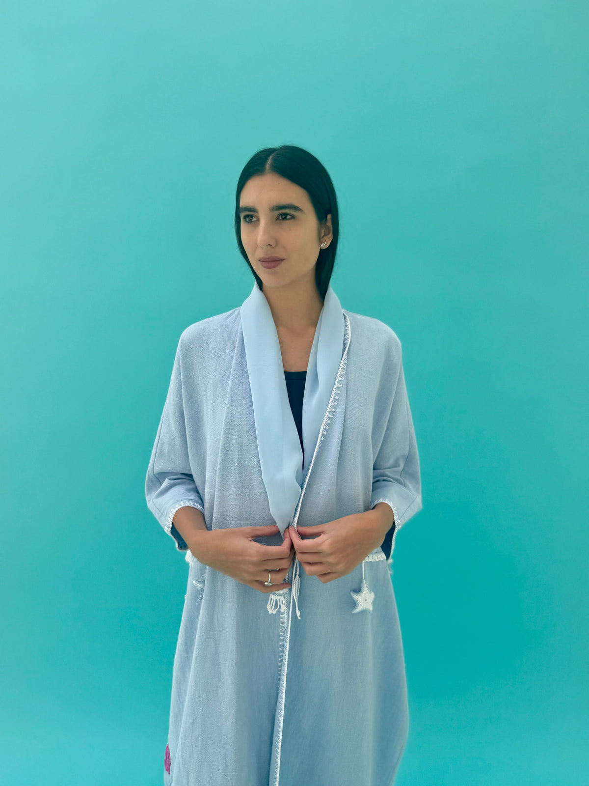 Seaworld Drop- Light Blue linen abaya with white handmade crochet