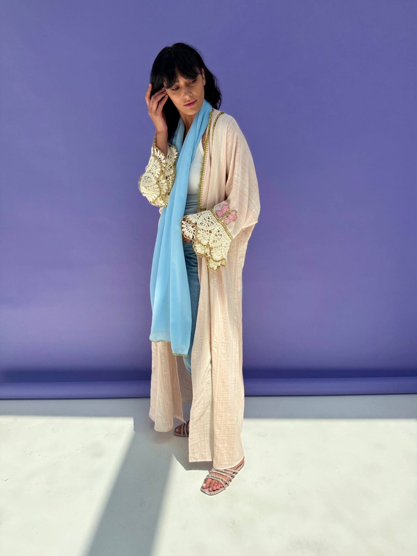 Pink Stripe Muslin Abaya Butterfly