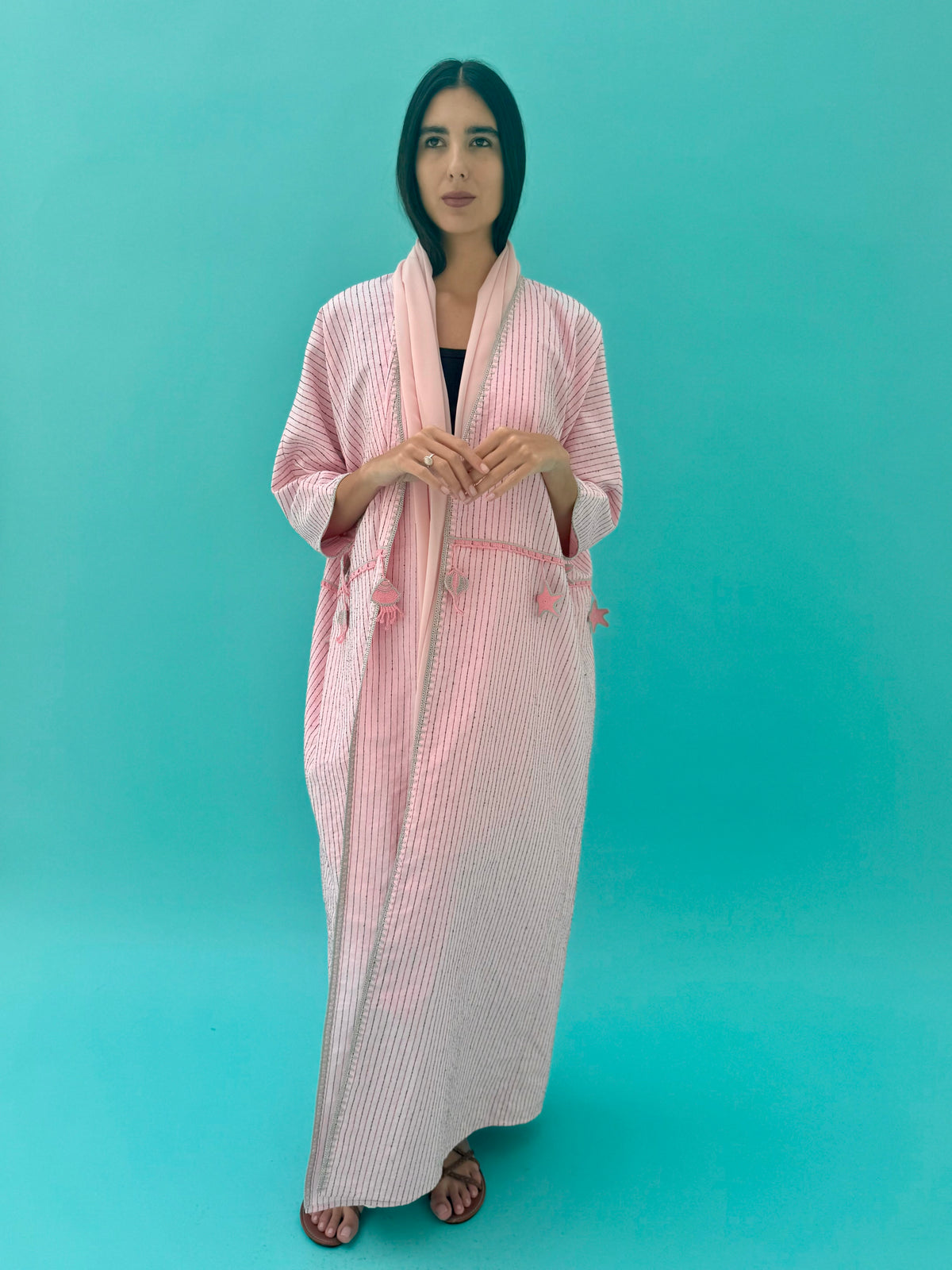 Seaworld Drop- Pink linen abaya with black  handmade crochet