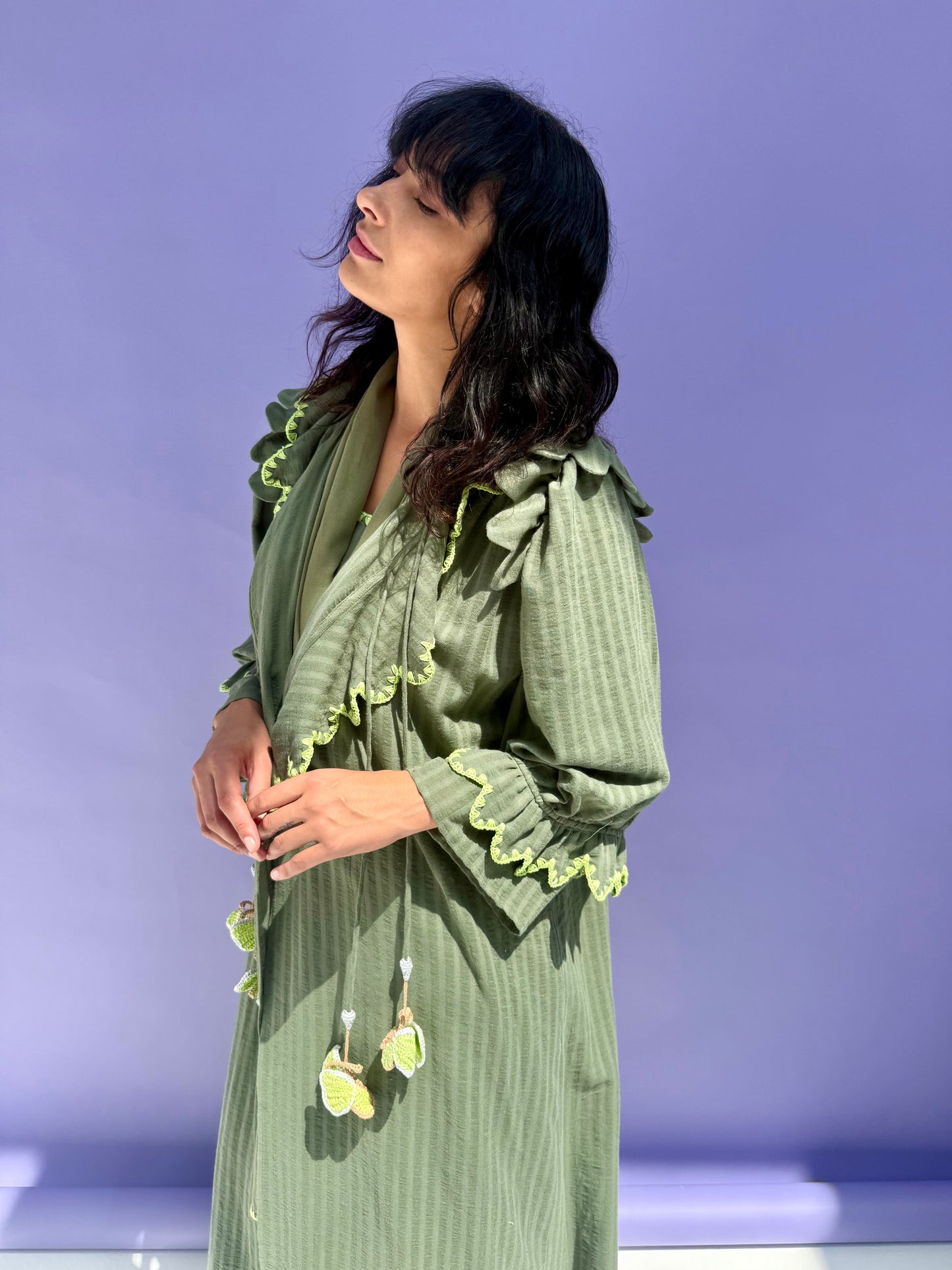 Stripe Muslin Butterfly Abaya set - Green