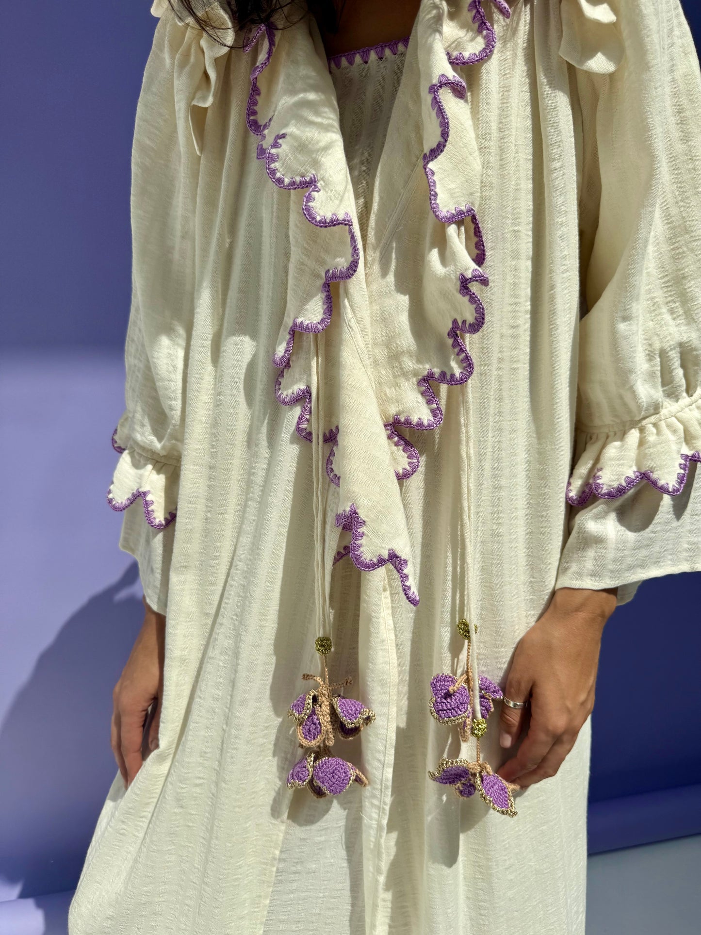 Stripe Muslin Butterfly Abaya Set - Cream