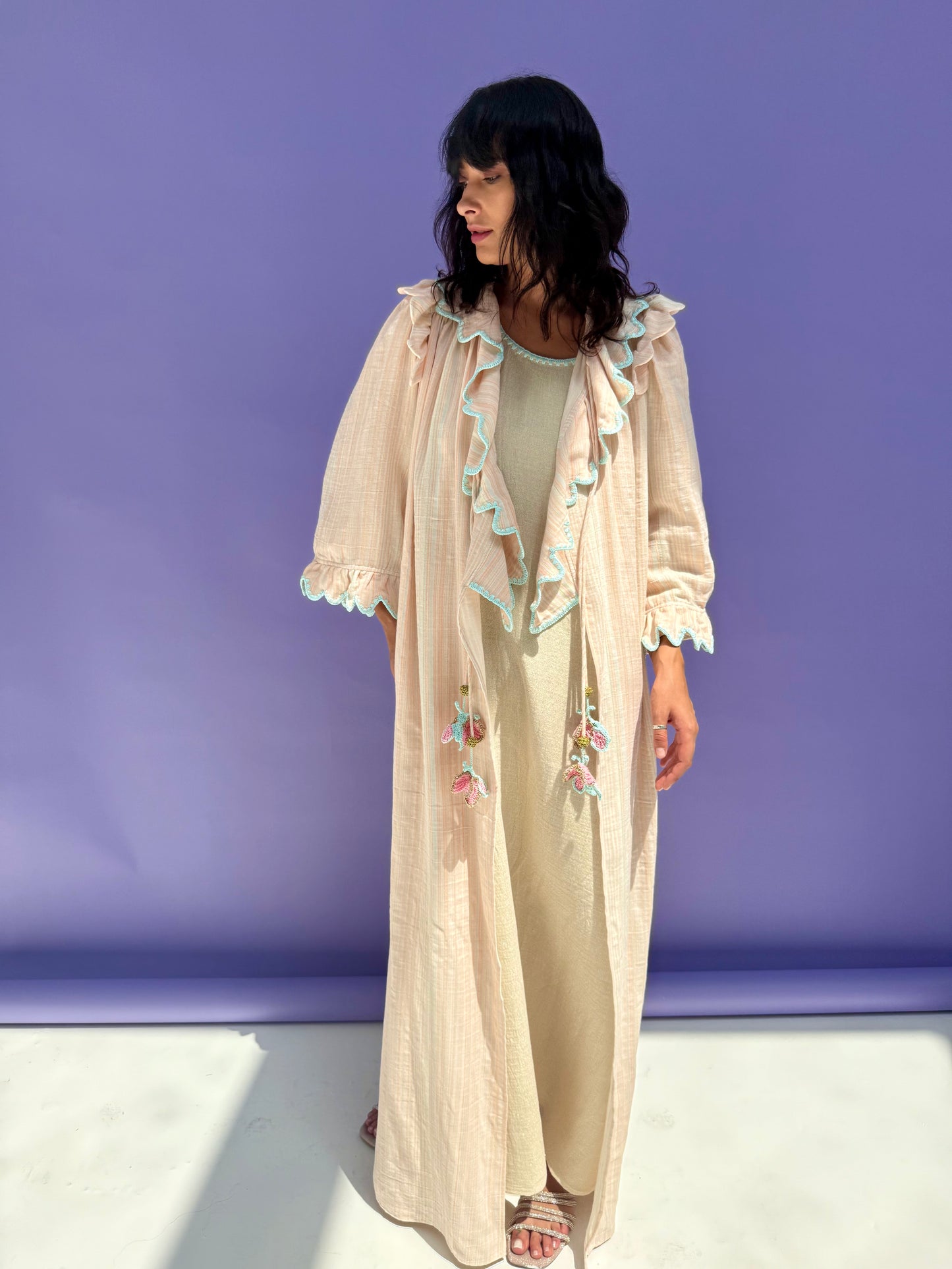 Stripe Muslin Butterfly Abaya Set - Pink Stripe