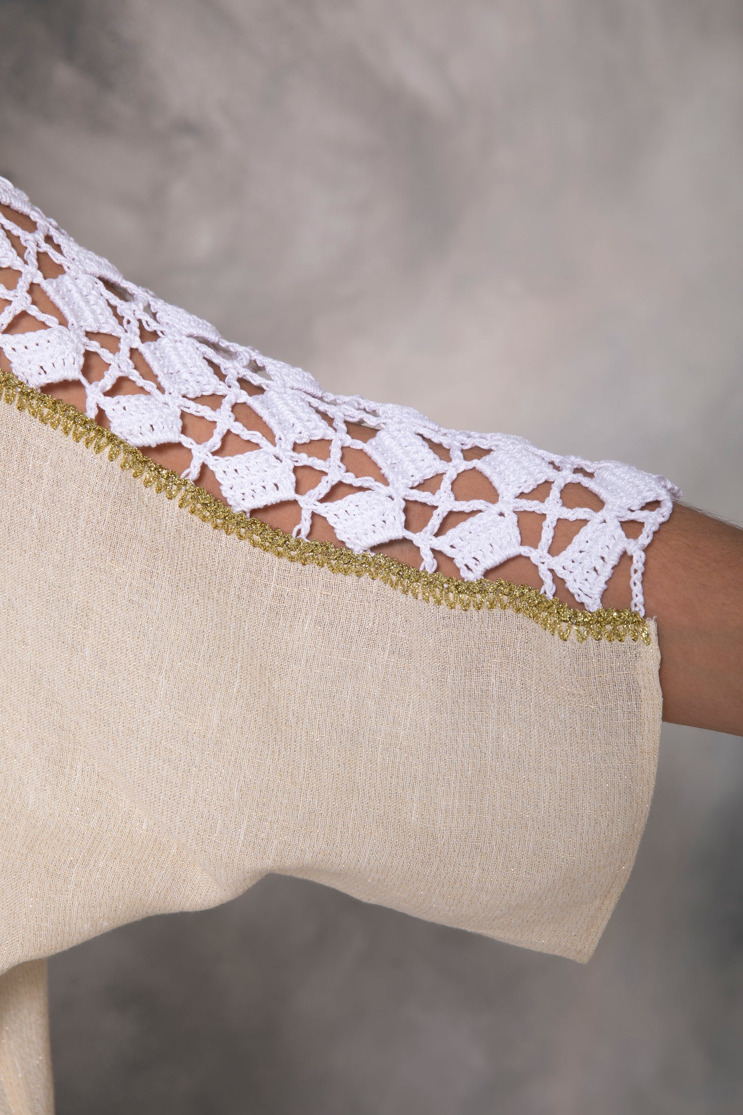 Linen gold shimmer abaya with handmade crochet