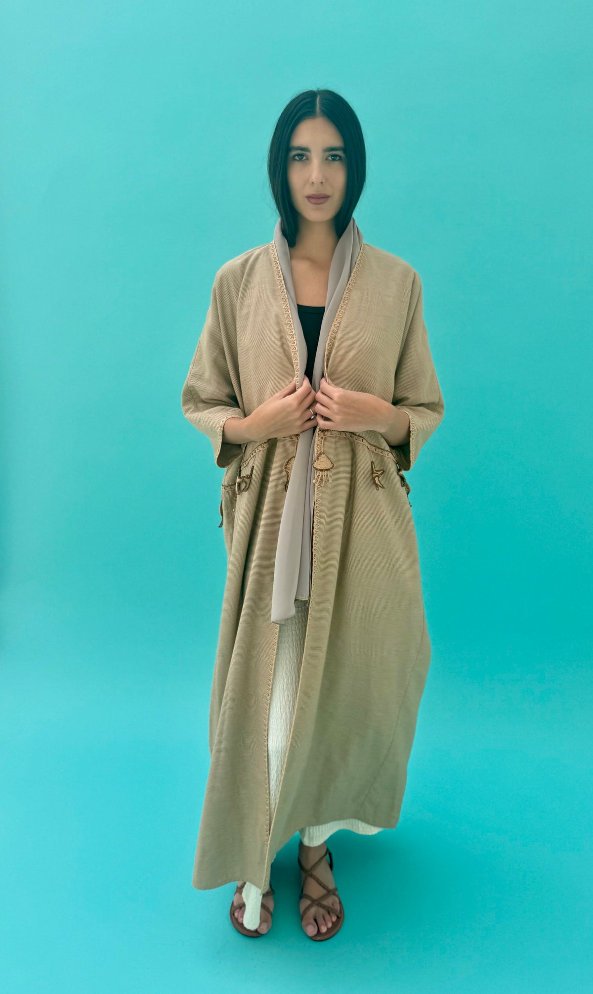 Seaworld Drop- Beige cotton abaya with beige handmade crochet
