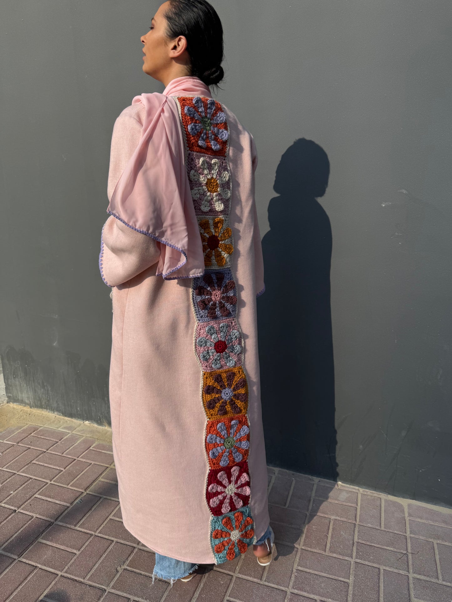 Soft wool abaya with handmade crochet - Light pink