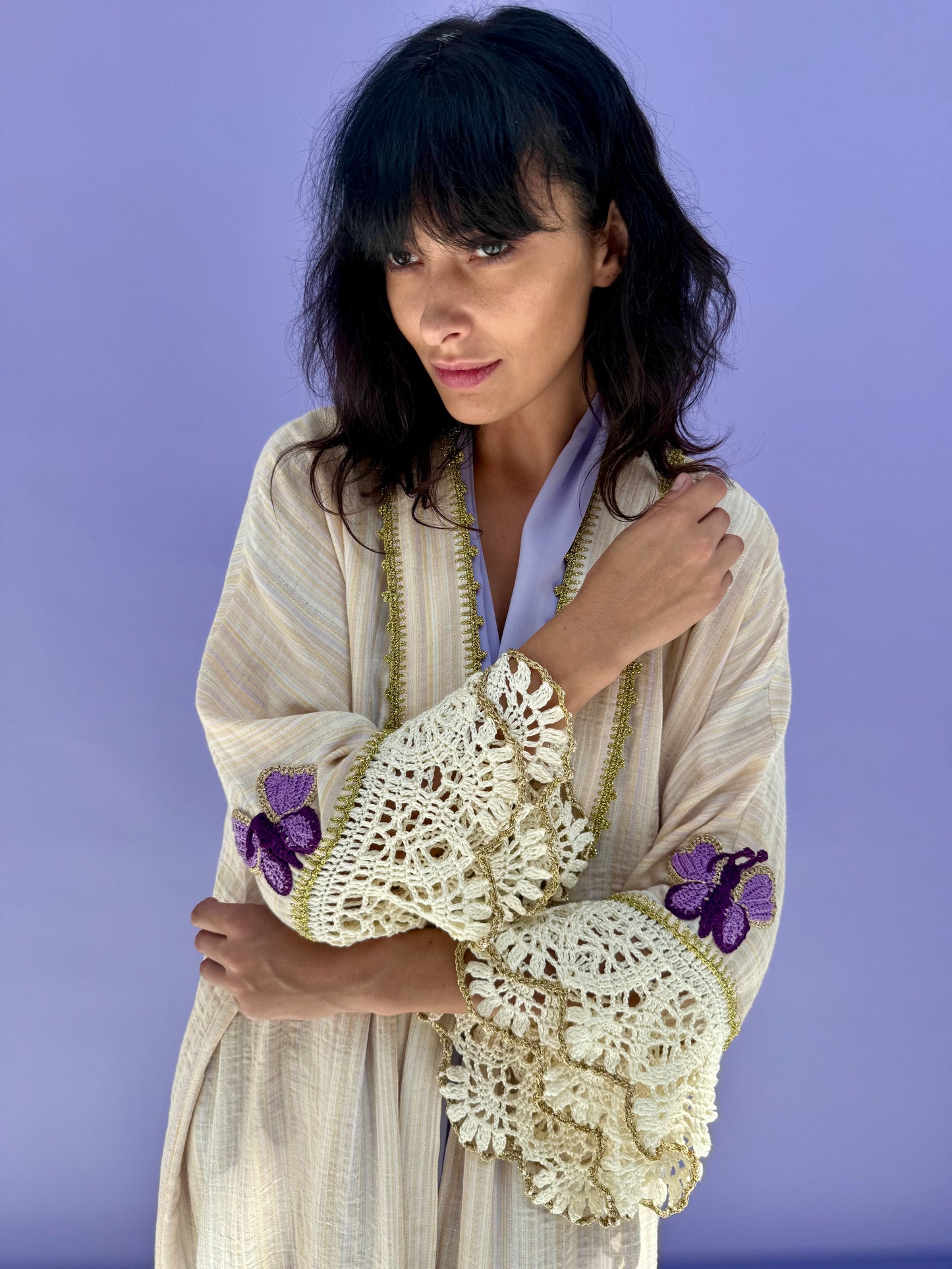 Lavender Stripe Muslin Abaya Butterfly