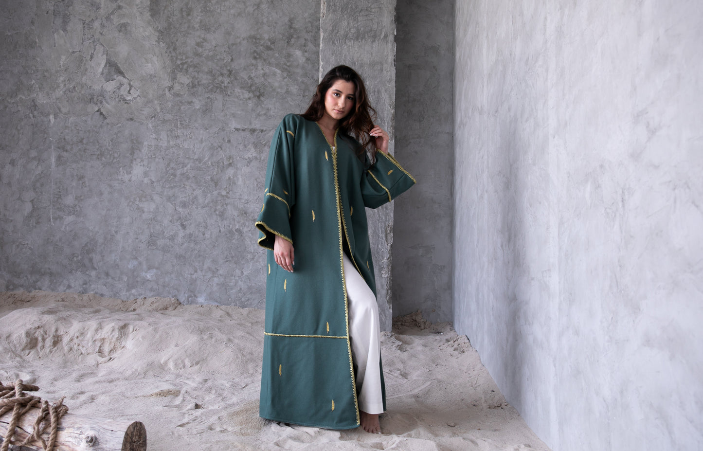 Winter abaya with handmade embrodiery and chrochet- Green