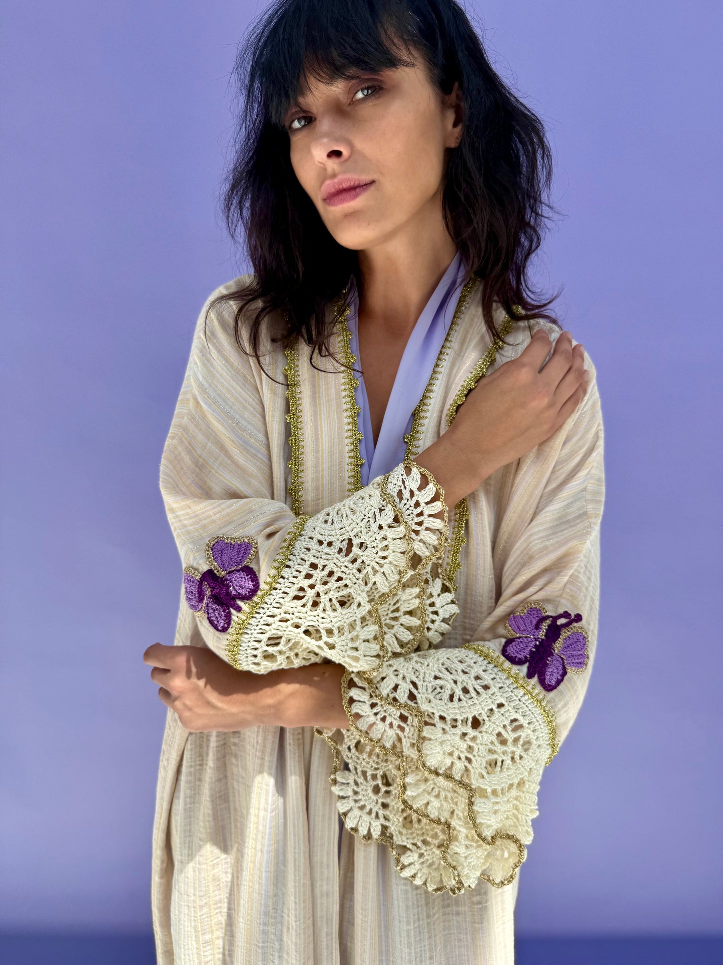 Lavender Stripe Muslin Abaya Butterfly