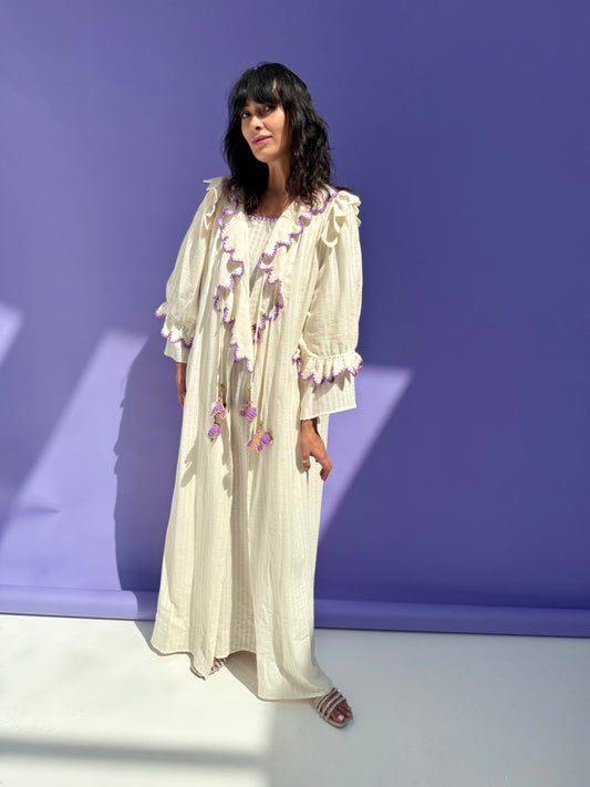 Stripe Muslin Butterfly Abaya Set - Cream