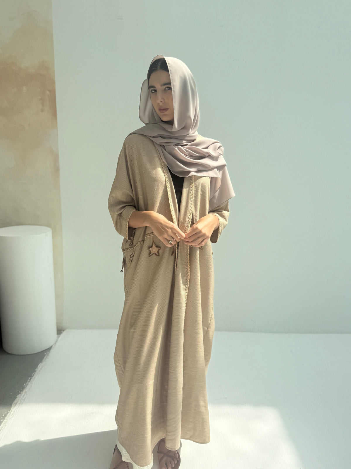 Seaworld Drop- Beige cotton abaya with beige handmade crochet