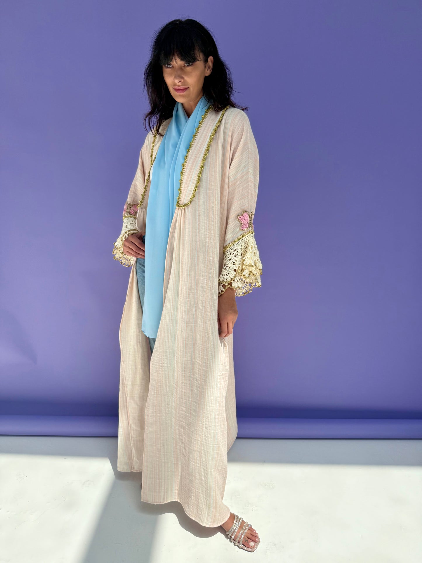 Pink Stripe Muslin Abaya Butterfly