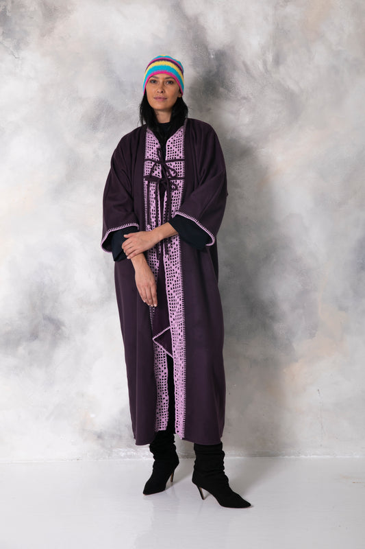 Dark Purple wool abaya with handmade crochet front
