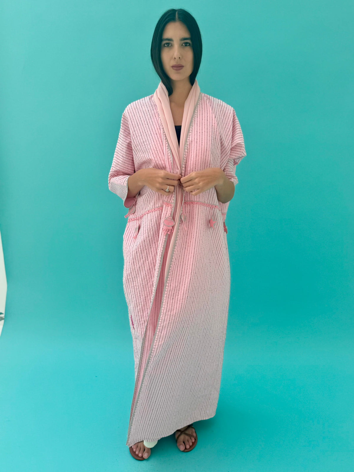 Seaworld Drop- Pink linen abaya with black  handmade crochet