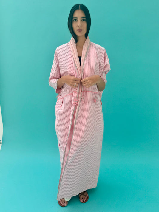 Seaworld Drop- Pink linen abaya with black  handmade crochet