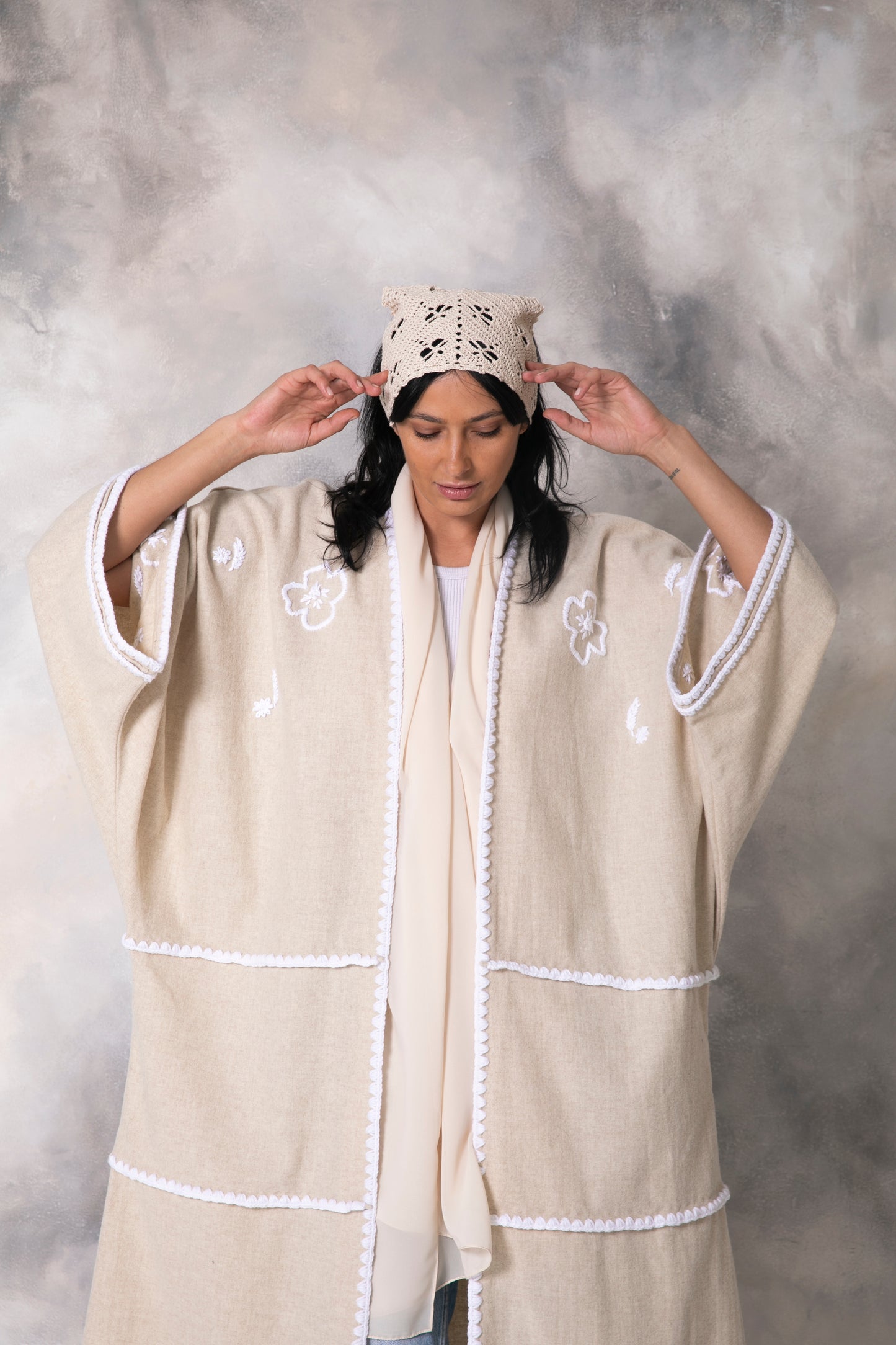 Off white wool abaya with handmade crochet and embroidery