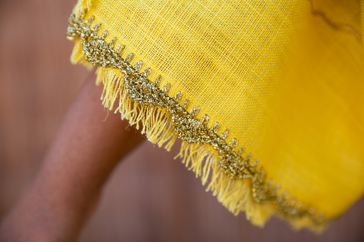 Linen Abaya with handmade embroidery and crochet / Yellow