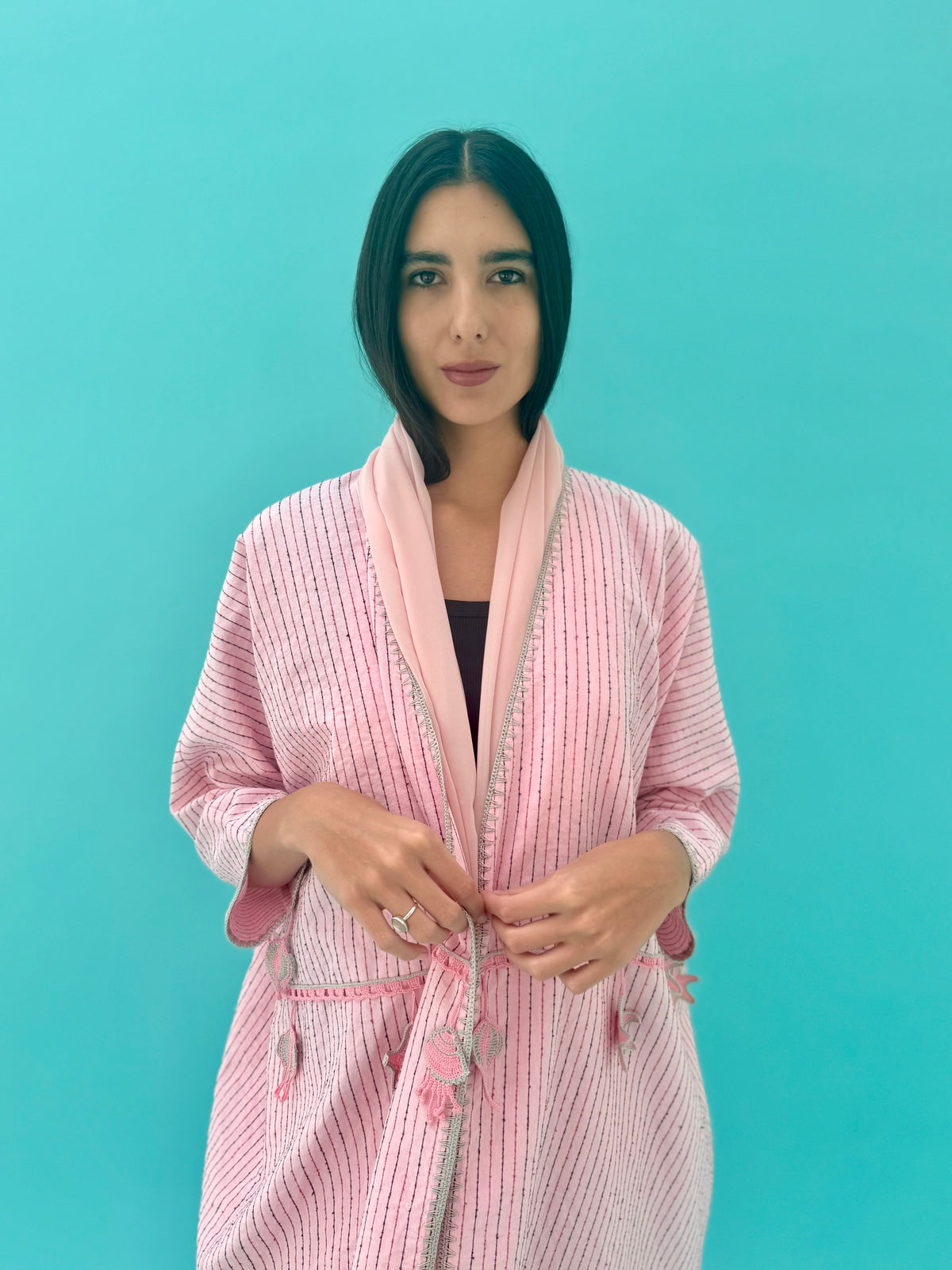 Seaworld Drop- Pink linen abaya with black  handmade crochet