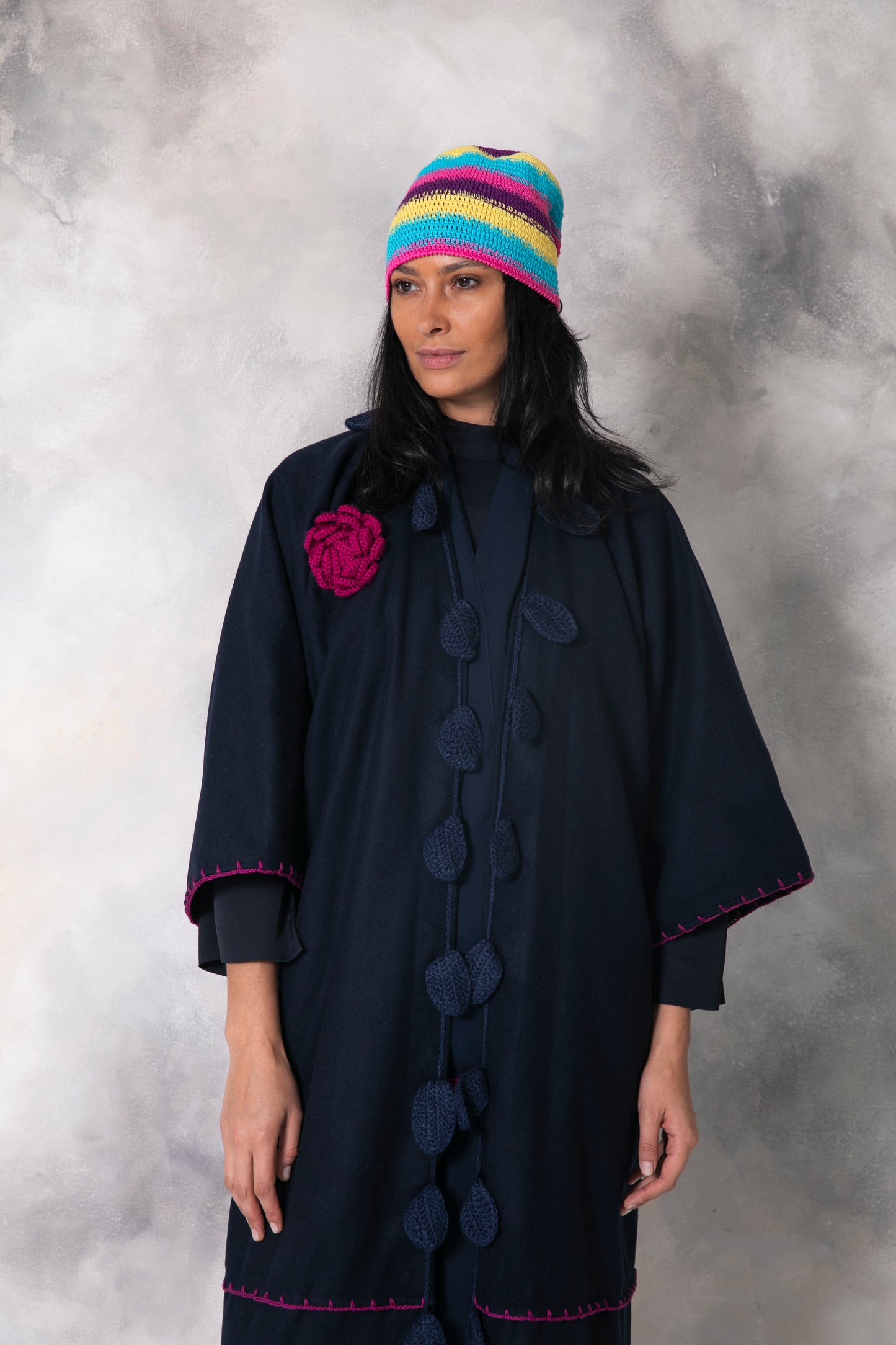 Navy Blue wool coat with handmade crochet leaves and flower