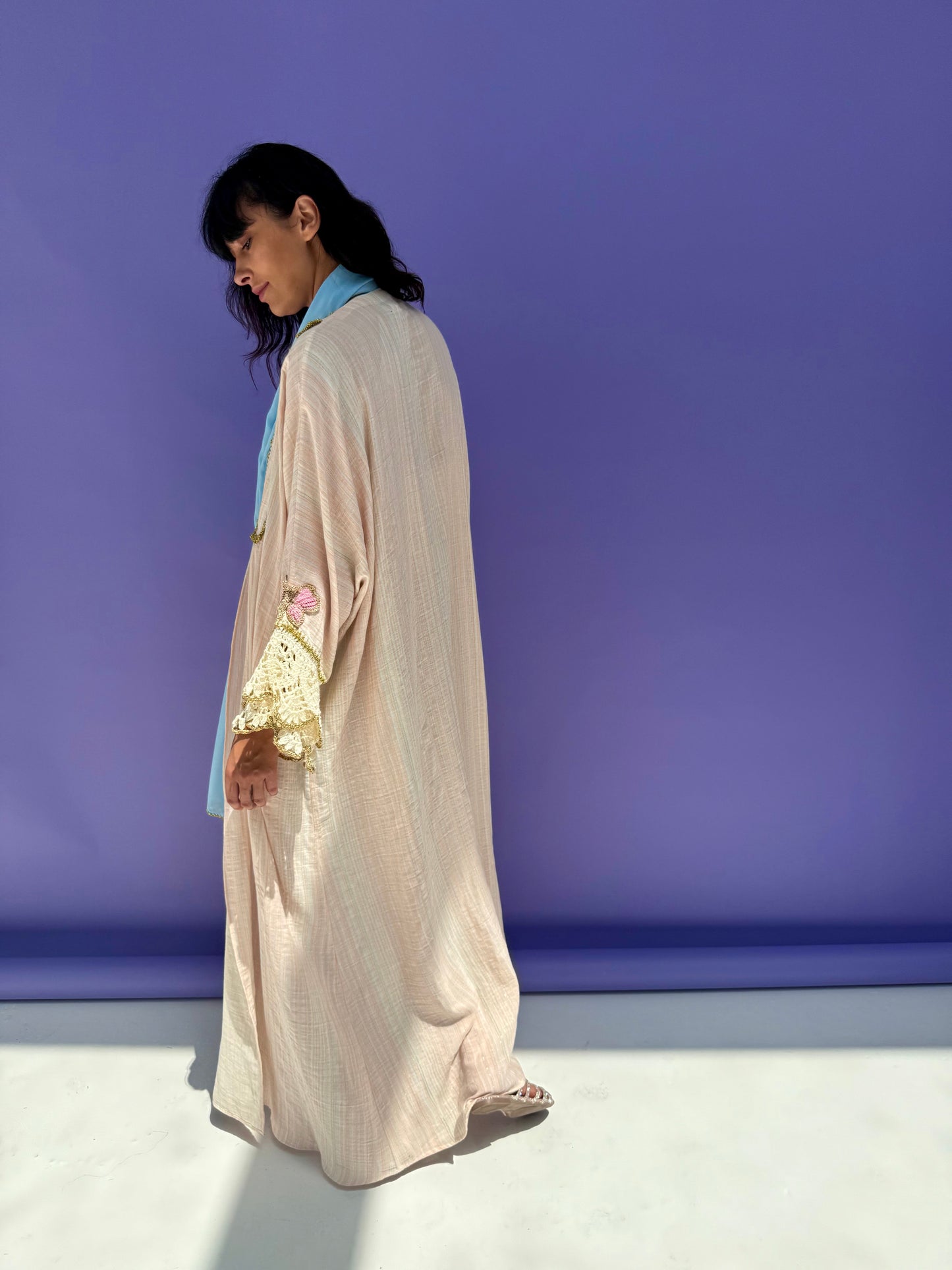 Pink Stripe Muslin Abaya Butterfly
