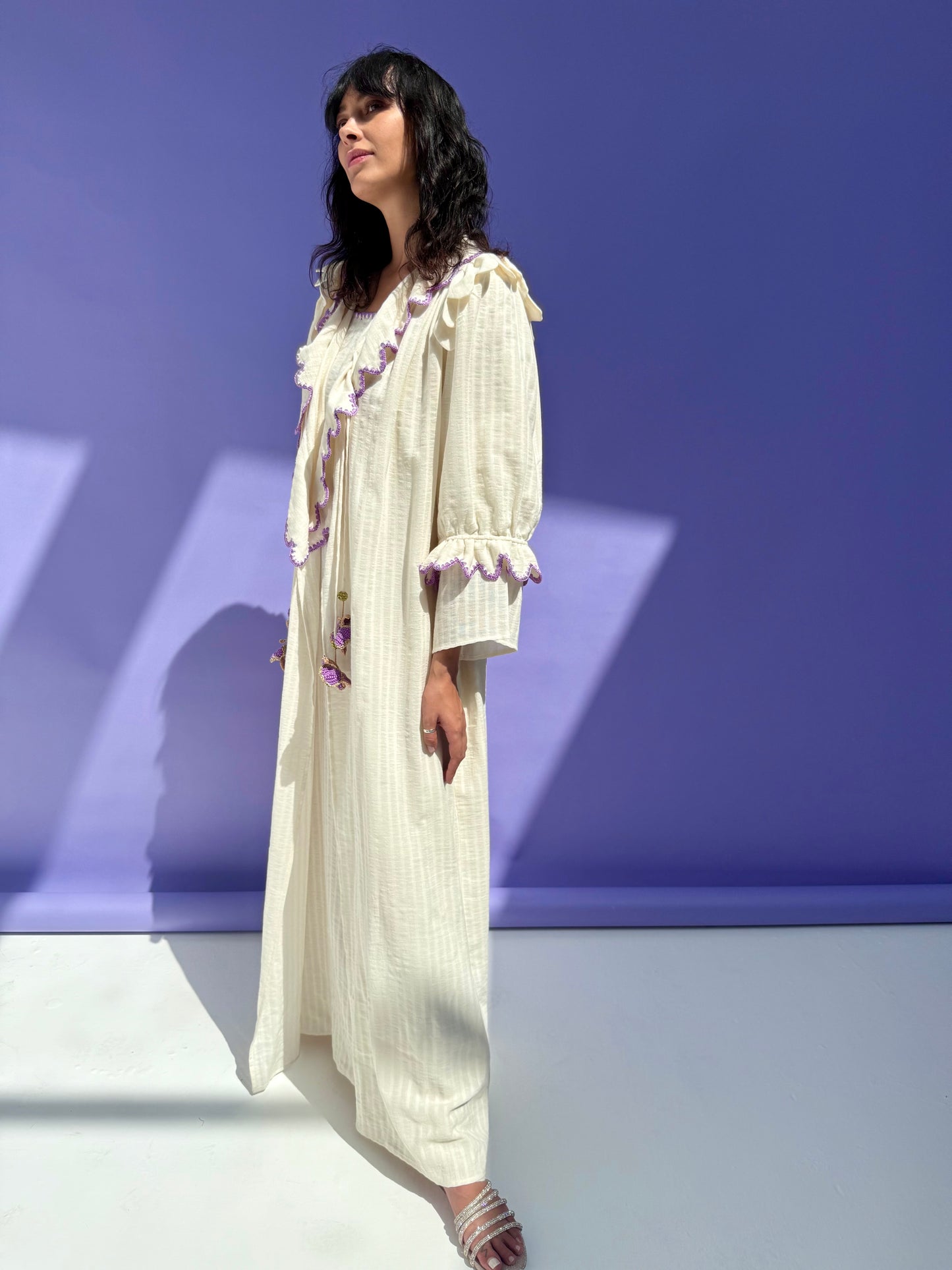 Stripe Muslin Butterfly Abaya Set - Cream