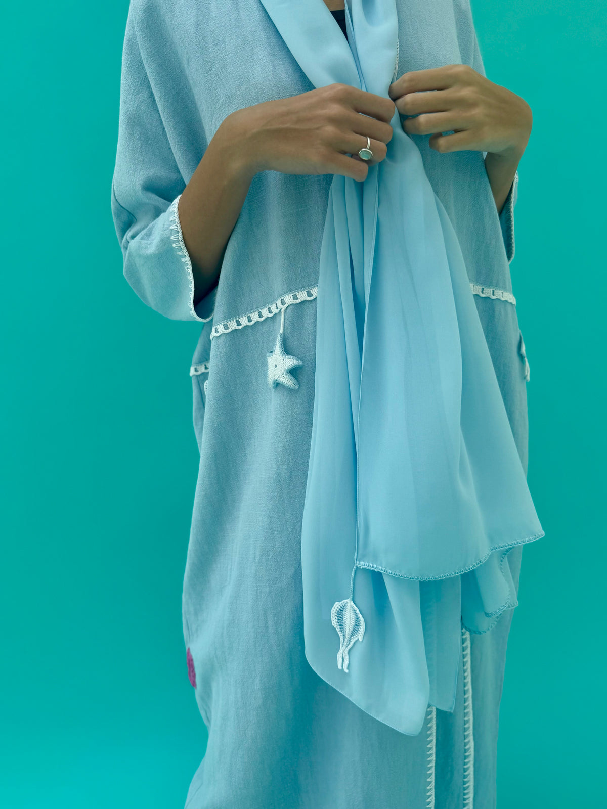 Seaworld Drop- Light Blue linen abaya with white handmade crochet