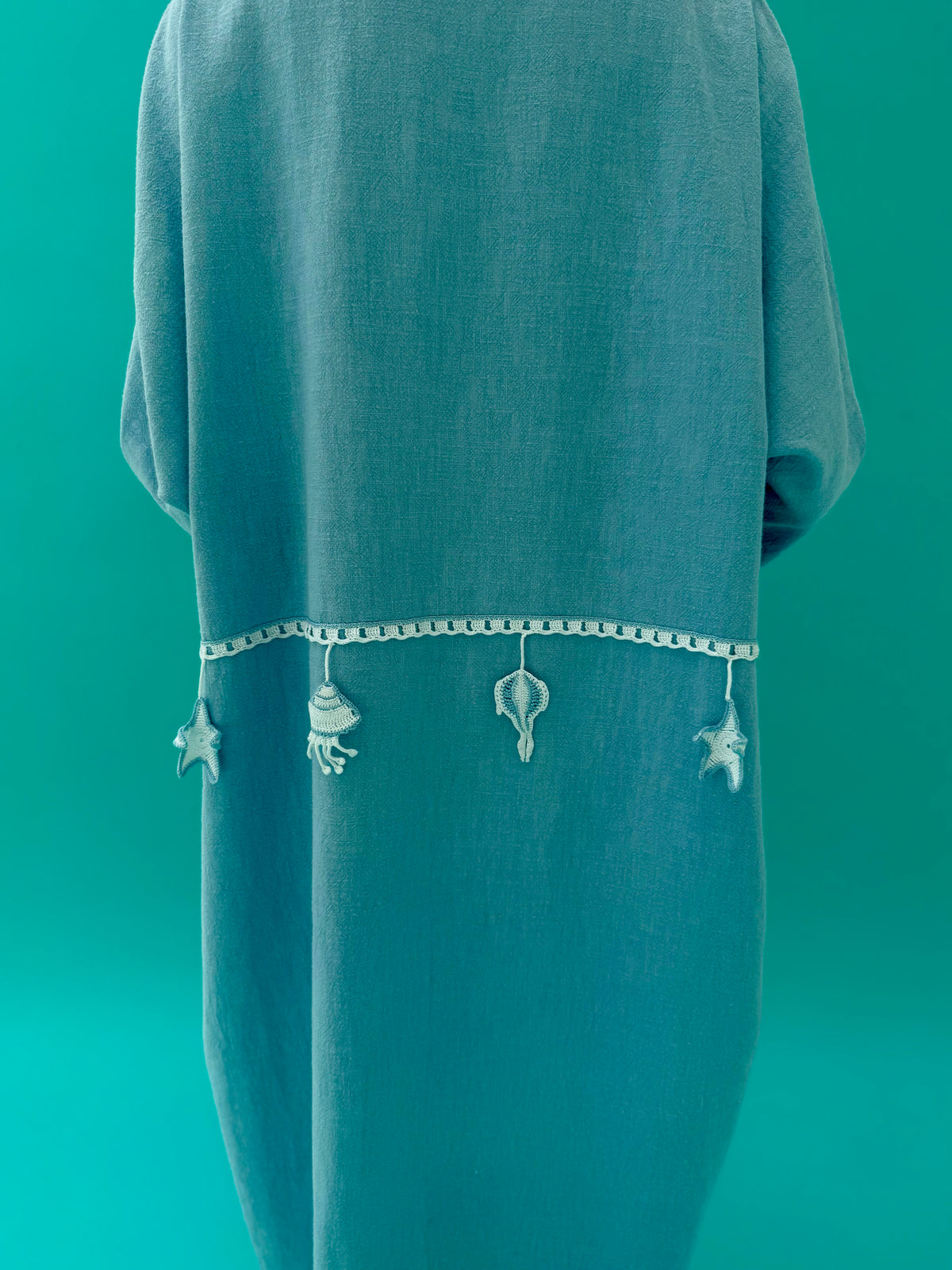 Seaworld Drop- Light Blue linen abaya with white handmade crochet