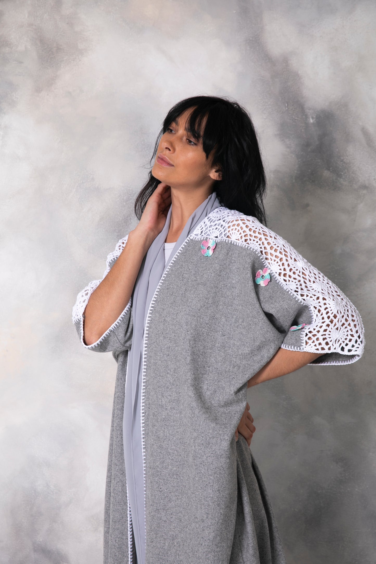 Light grey wool abaya with handmade crochet