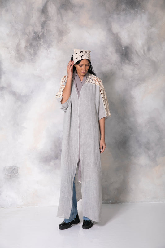 Grey small check linen abaya with handmade crochet