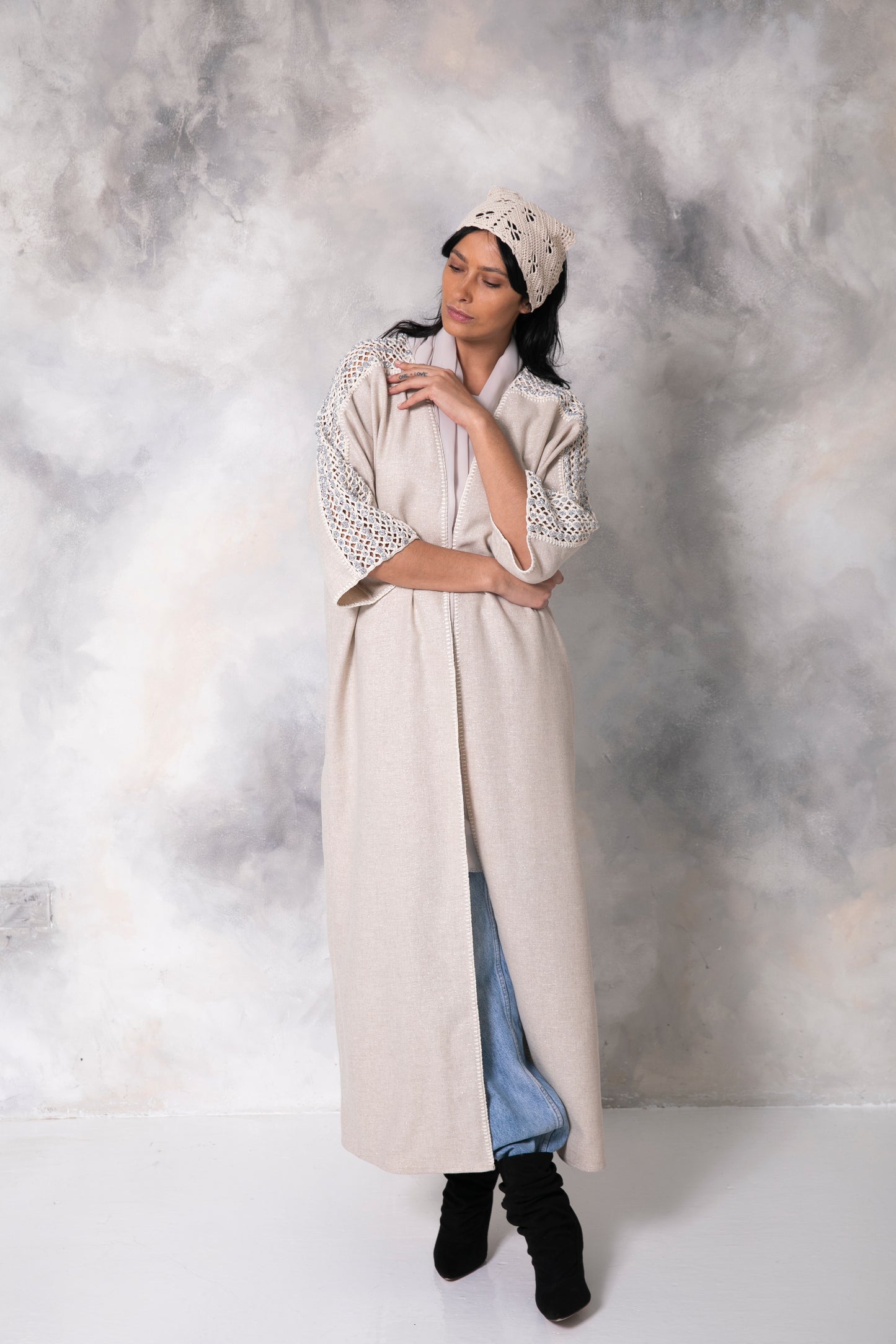 Off white silver shimmering wool abaya with handmade crochet